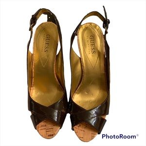 Guess Patent Leather Brown Cork Heel Sandles